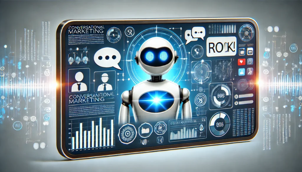 Marketing conversacional en acción, mostrando chatbots y asistentes virtuales interactuando con usuarios