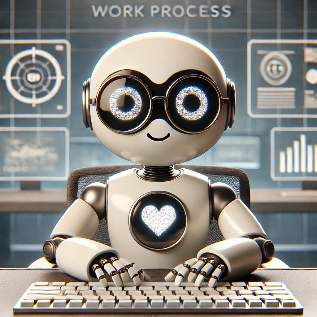 Robot de Digital Innova en proceso de trabajo de desarrollo web, sentado frente a un teclado en un entorno digital