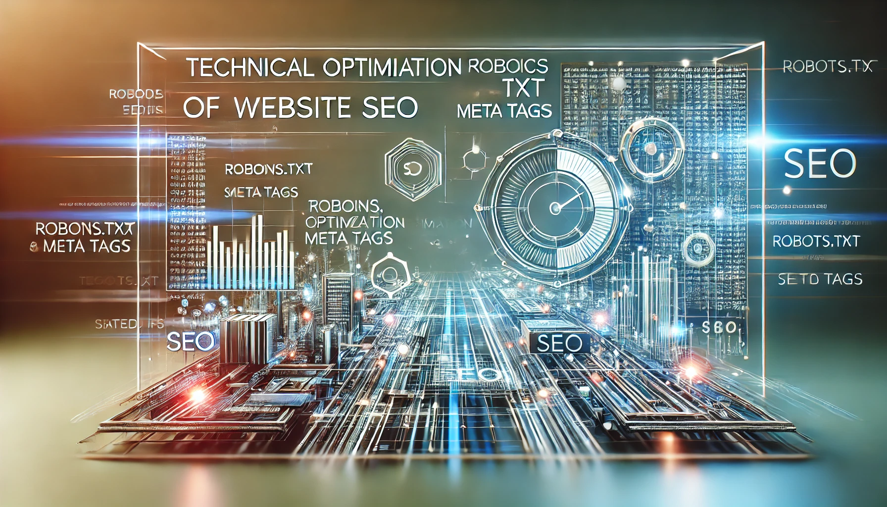 Estructura digital mostrando aspectos técnicos de Optimización SEO como robots.txt y meta tags