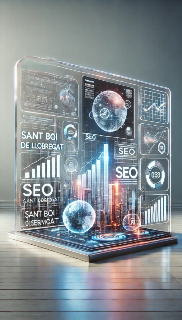Espacio de trabajo digital futurista con pantallas holográficas mostrando métricas de SEO, estrategias personalizadas y análisis avanzados, representando servicios digitales en Sant Boi de Llobregat